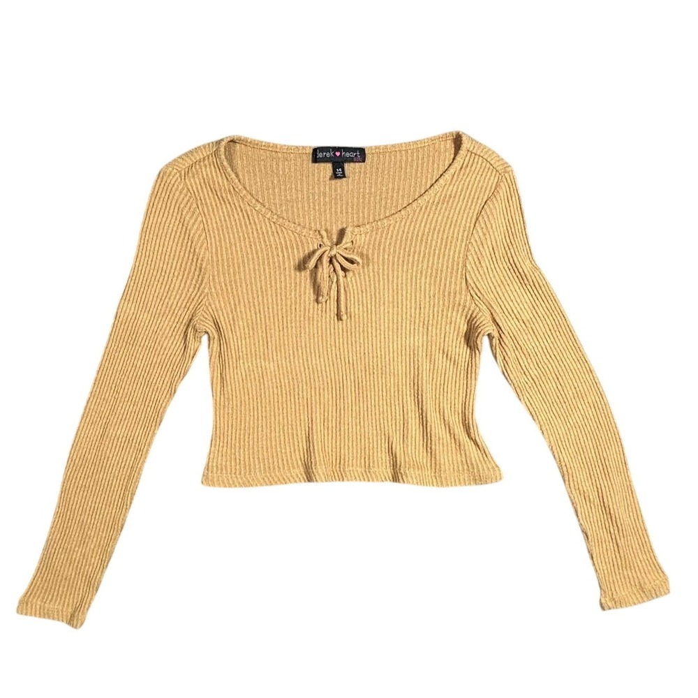 Derek Heart Girls Ribbed Tie Neck Long Sleeve Cropped Top Mustard Yellow Size 14